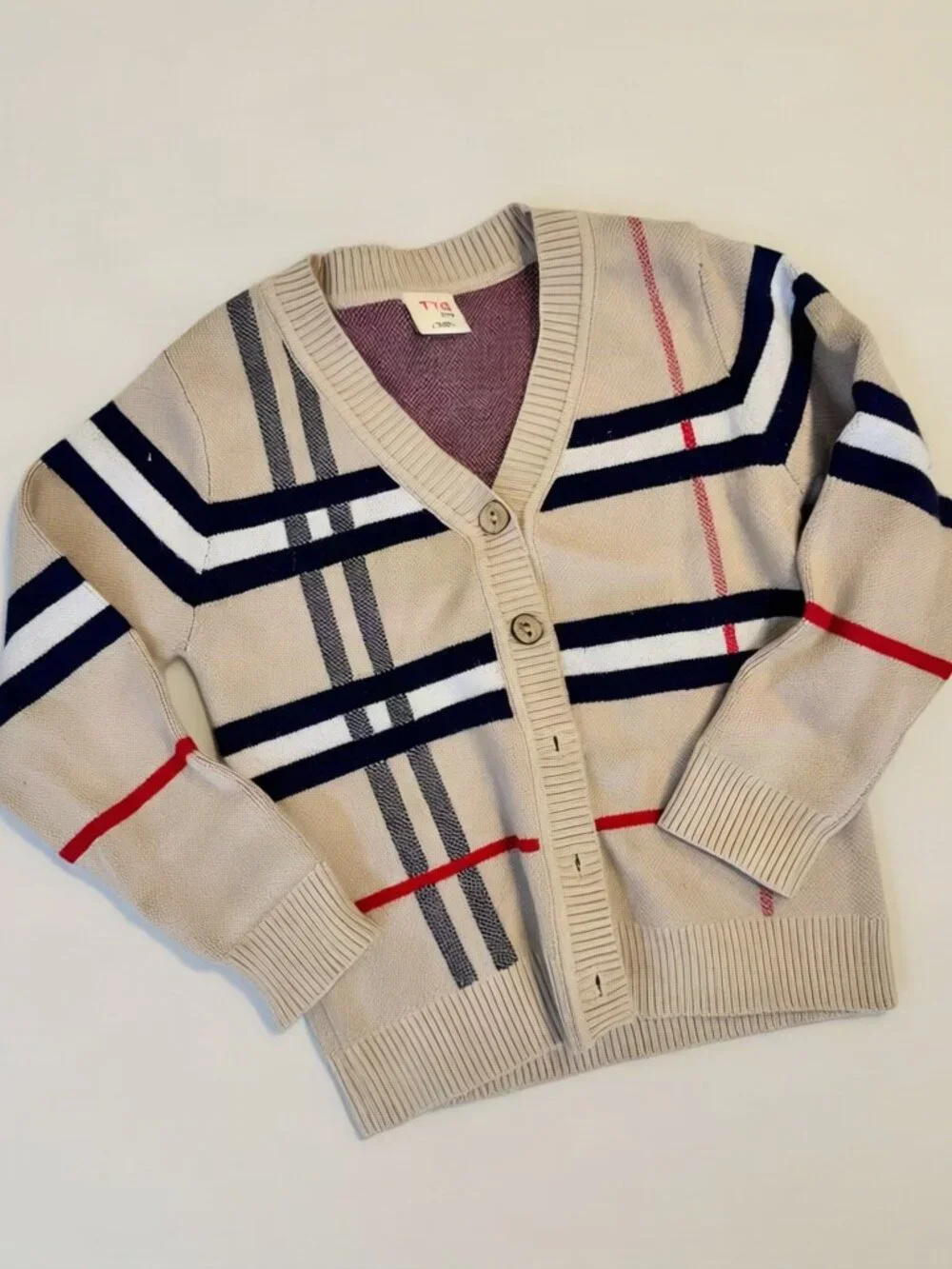 TYG Kids Tan Check Cardigan Sweater Preppy Size 100 3-4T